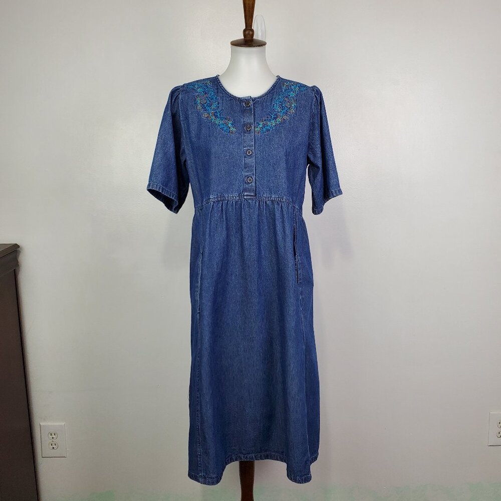 National Jean Dress Embroidery Modest Conservative Pockets Vintage Denim Size S